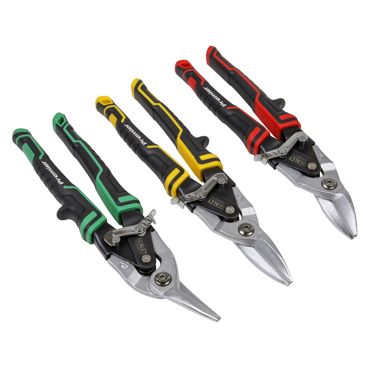 Three metal snips from the Sealey High Leverage Aviation Tin Snip Set 3pc - AK69073, featuring drop-forged, tempered steel blades and handles in green, yellow, and red colors, are arranged side by side on a white background.