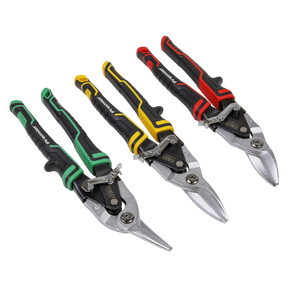 Three metal snips from the Sealey High Leverage Aviation Tin Snip Set 3pc - AK69073, featuring drop-forged, tempered steel blades and handles in green, yellow, and red colors, are arranged side by side on a white background.