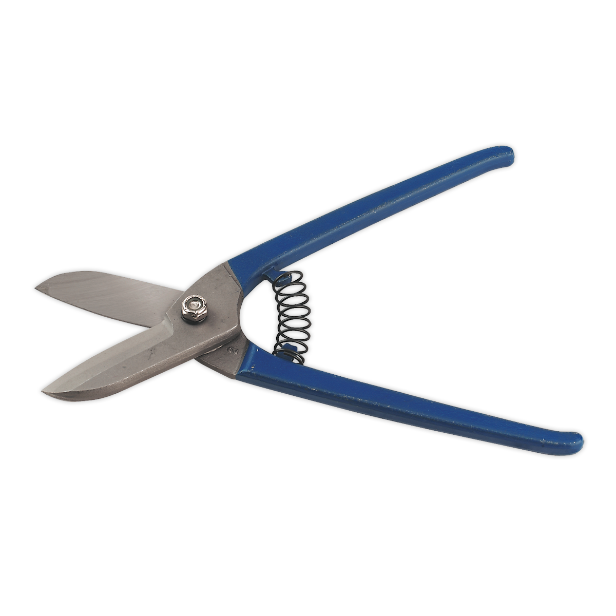 A pair of Sealey Tin Snips/Shears 250mm Spring Loaded - AK6910 featuring blue handles, one-piece drop-forged blades that are sharp and shiny for precise metal sheet cutting, and spring-loaded handles for effortless use.