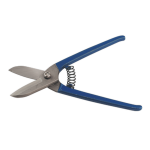 A pair of Sealey Tin Snips/Shears 250mm Spring Loaded - AK6910 featuring blue handles, one-piece drop-forged blades that are sharp and shiny for precise metal sheet cutting, and spring-loaded handles for effortless use.