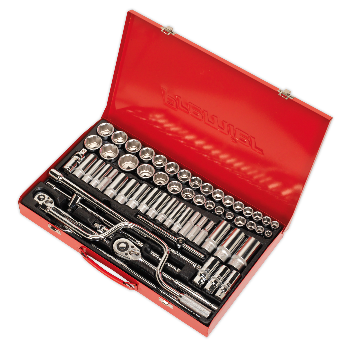 A Sealey Socket Set 64pc 3/8" & 1/2"Sq Drive 6pt WallDrive® - Metric/Imperial (AK694) in a red toolbox open to reveal a professional collection of chrome socket wrenches and various attachments, all neatly organized inside. The set features a 48-Tooth quick release ratchet and heat-treated Chrome Vanadium steel components, ensuring durability and precision for any task.