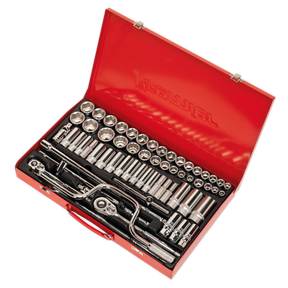 A Sealey Socket Set 64pc 3/8" & 1/2"Sq Drive 6pt WallDrive® - Metric/Imperial (AK694) in a red toolbox open to reveal a professional collection of chrome socket wrenches and various attachments, all neatly organized inside. The set features a 48-Tooth quick release ratchet and heat-treated Chrome Vanadium steel components, ensuring durability and precision for any task.