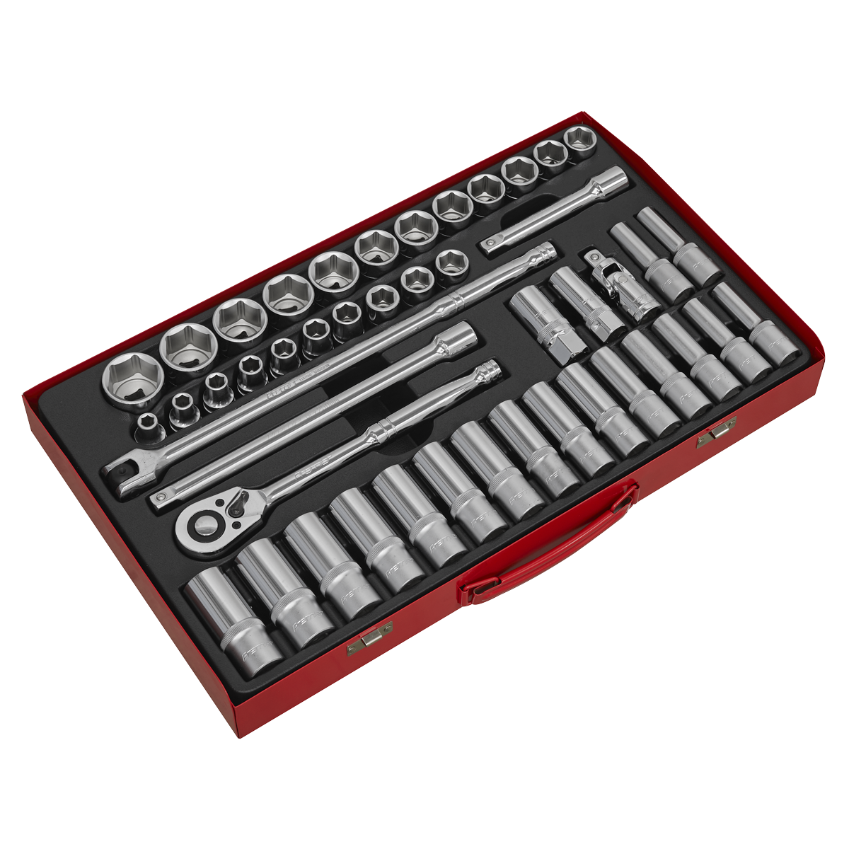 The Sealey Socket Set 46pc 1/2"Sq Drive 6pt WallDrive® - Metric - AK6941 is a red toolbox containing a deluxe professional socket set with various sizes of socket wrenches, ratchet handles, and extension bars neatly organized, all crafted from heat-treated Chrome Vanadium steel.