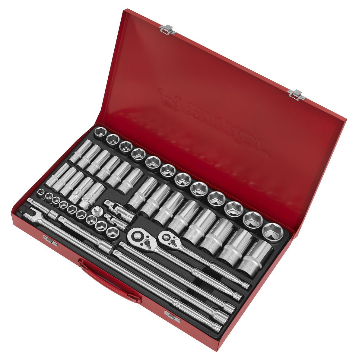 A red case containing the Sealey Premier Hand Tools Socket Set 50pc 3/8" & 1/2"Sq Drive 6pt WallDrive® (Metric - AK6942), featuring multiple sockets, ratchets, and extension bars, all crafted from Chrome Vanadium steel and neatly organized in foam inserts.