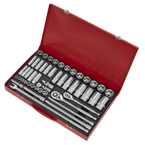 A red case containing the Sealey Premier Hand Tools Socket Set 50pc 3/8" & 1/2"Sq Drive 6pt WallDrive® (Metric - AK6942), featuring multiple sockets, ratchets, and extension bars, all crafted from Chrome Vanadium steel and neatly organized in foam inserts.