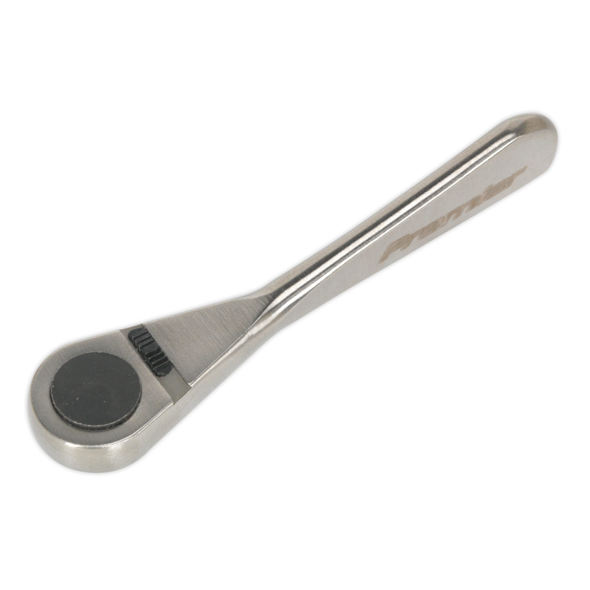 The Ratchet Wrench Micro 1/4"Sq Drive Stainless Steel - AK6960 from Sealey features a sleek, slim handle and a black circular head made with high-quality stainless steel, delivering an ultra-smooth ratchet experience.