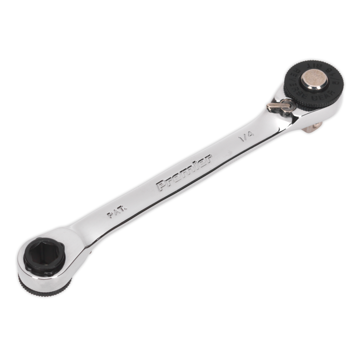 A double end Ratchet Spanner 1/4" Hex x 5/16" Hex Drive with a 1/4" Square Drive Adaptor, model AK6967 by Sealey, boasts a shiny Chrome Vanadium steel finish and markings that read "Breather 14." This versatile wrench features different socket sizes on each end, making it suitable for various tasks.