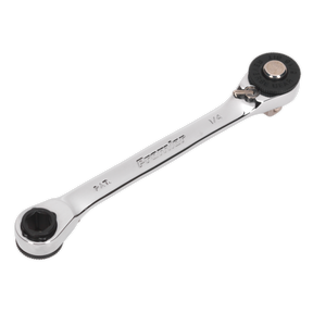 A double end Ratchet Spanner 1/4" Hex x 5/16" Hex Drive with a 1/4" Square Drive Adaptor, model AK6967 by Sealey, boasts a shiny Chrome Vanadium steel finish and markings that read "Breather 14." This versatile wrench features different socket sizes on each end, making it suitable for various tasks.