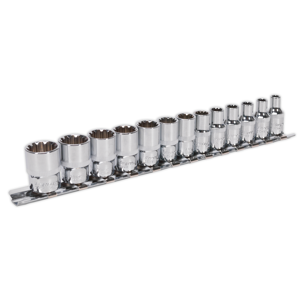 A set of thirteen Sealey Socket Set 1/4"Sq Drive Total Drive® (AK69813) sockets, crafted from Chrome Vanadium steel, are arranged in a row on a tool holder.