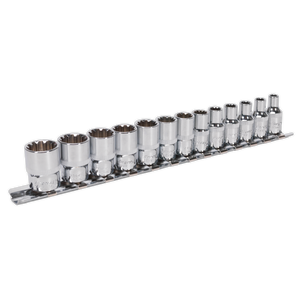 A set of thirteen Sealey Socket Set 1/4"Sq Drive Total Drive® (AK69813) sockets, crafted from Chrome Vanadium steel, are arranged in a row on a tool holder.