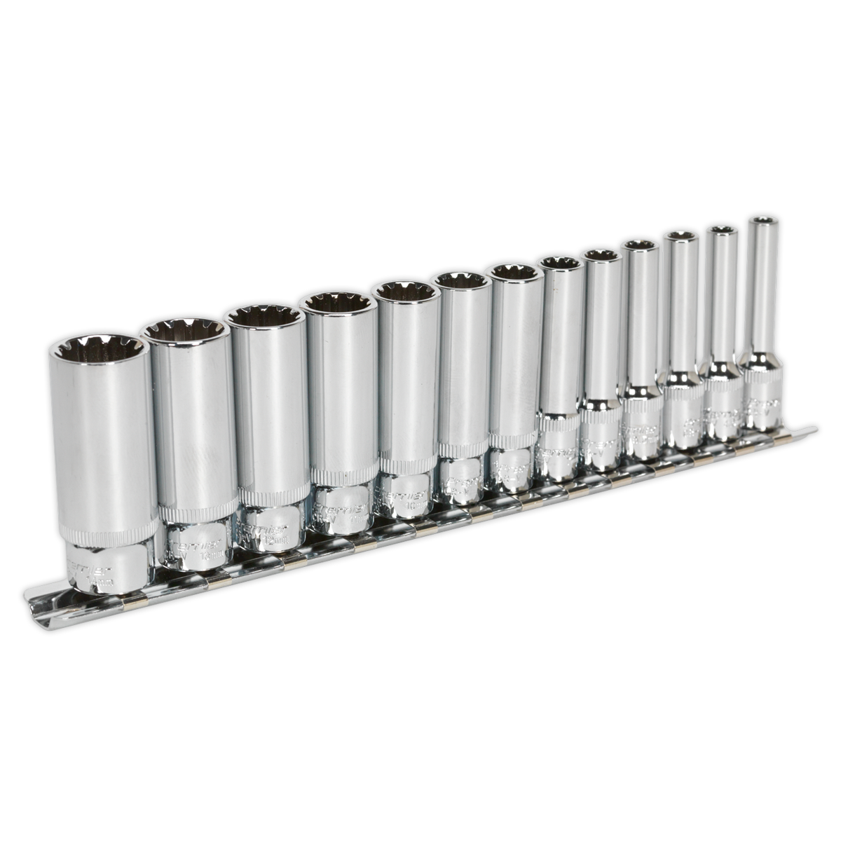 The Sealey Socket Set 13pc Deep 1/4"Sq Drive Total Drive® - AK69813D includes thirteen high-quality socket wrenches of various sizes, organized on a metal rail.