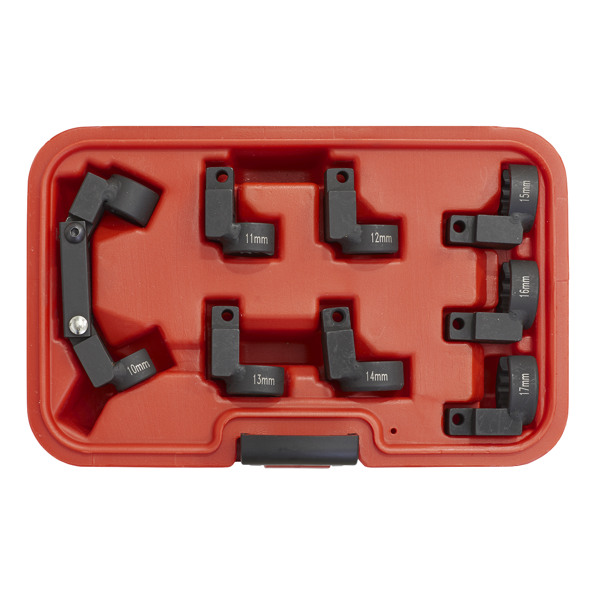 The Sealey Injector Pipe Socket Set 9pc 3/8"Sq Drive - AK6985 is a red plastic storage case containing eight black socket tool attachments labeled with various millimeter sizes (11mm to 17mm) and one unmarked attachment, ideal for organizing your Crow's Foot Injector Pipe Sockets.