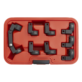 The Sealey Injector Pipe Socket Set 9pc 3/8"Sq Drive - AK6985 is a red plastic storage case containing eight black socket tool attachments labeled with various millimeter sizes (11mm to 17mm) and one unmarked attachment, ideal for organizing your Crow's Foot Injector Pipe Sockets.