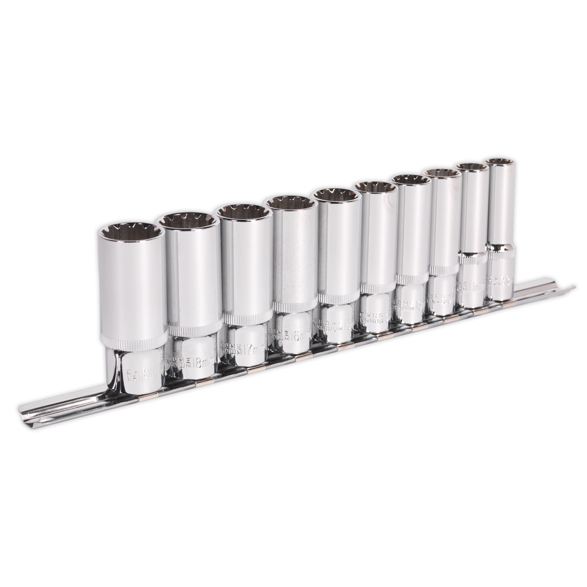 The Sealey Socket Set 10pc Deep 3/8"Sq Drive Total Drive® - AK69910D consists of ten durable Chrome Vanadium steel socket wrenches in various sizes, all neatly arranged in a metal holder.