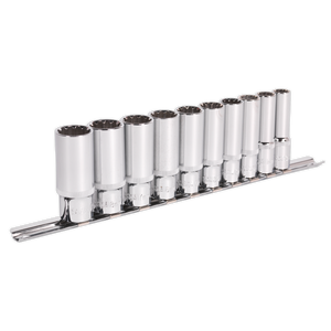 The Sealey Socket Set 10pc Deep 3/8"Sq Drive Total Drive® - AK69910D consists of ten durable Chrome Vanadium steel socket wrenches in various sizes, all neatly arranged in a metal holder.