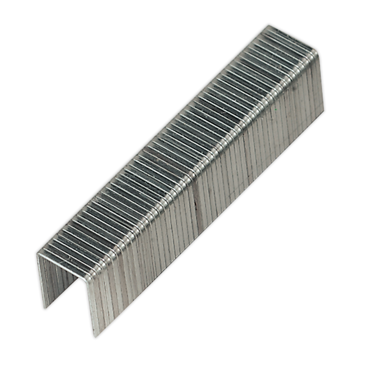 A close-up image of a single metallic staple, commonly used for binding sheets of paper. The staple, reminiscent of the quality found in a Sealey Staples 14mm Pack of 500 (AK7061/4), has a U-shaped form with serrated edges that provide secure fastening.