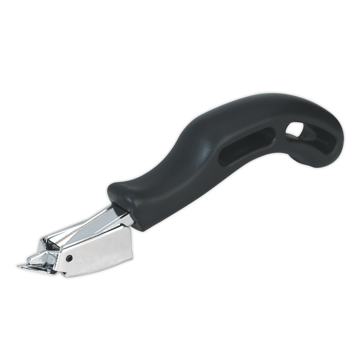 The Staple Remover Heavy-Duty - AK707 from Sealey features a black handle, metal tip, and lever mechanism, making it perfect for removing heavy-duty staples. It comes with a lifetime guarantee.