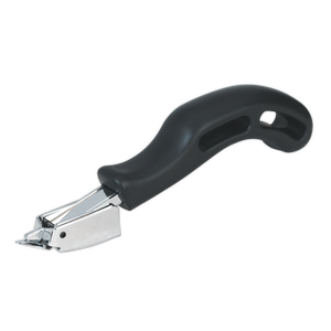 The Staple Remover Heavy-Duty - AK707 from Sealey features a black handle, metal tip, and lever mechanism, making it perfect for removing heavy-duty staples. It comes with a lifetime guarantee.