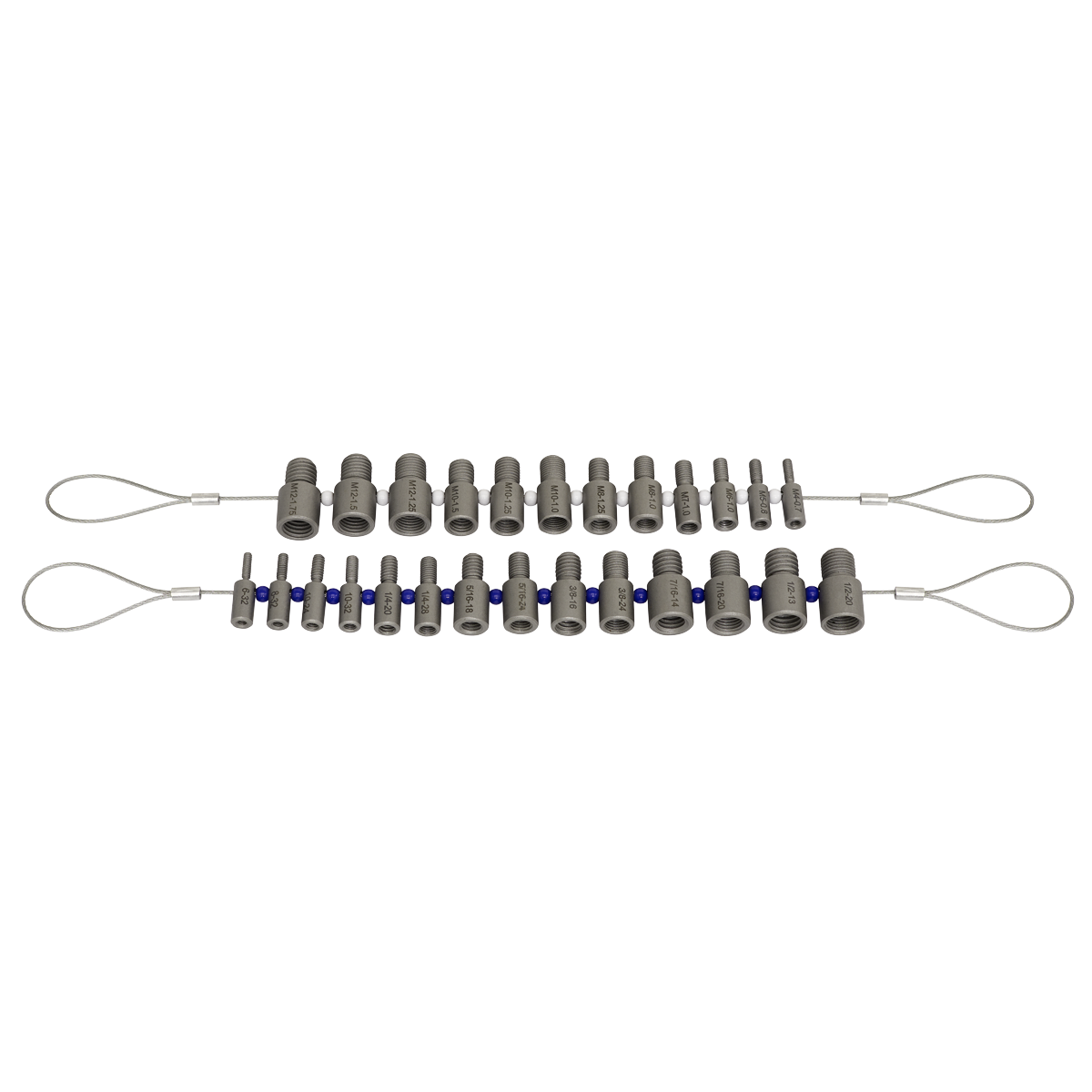 The Sealey Thread Checker Nut & Bolt Checker - Metric/Imperial - AK70NBC is a set of 26 metallic drill adapters, arranged in two rows and connected by wire loops at each end, providing a convenient tool for checking nut and bolt sizes in both the Imperial and Metric systems.