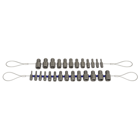 The Sealey Thread Checker Nut & Bolt Checker - Metric/Imperial - AK70NBC is a set of 26 metallic drill adapters, arranged in two rows and connected by wire loops at each end, providing a convenient tool for checking nut and bolt sizes in both the Imperial and Metric systems.