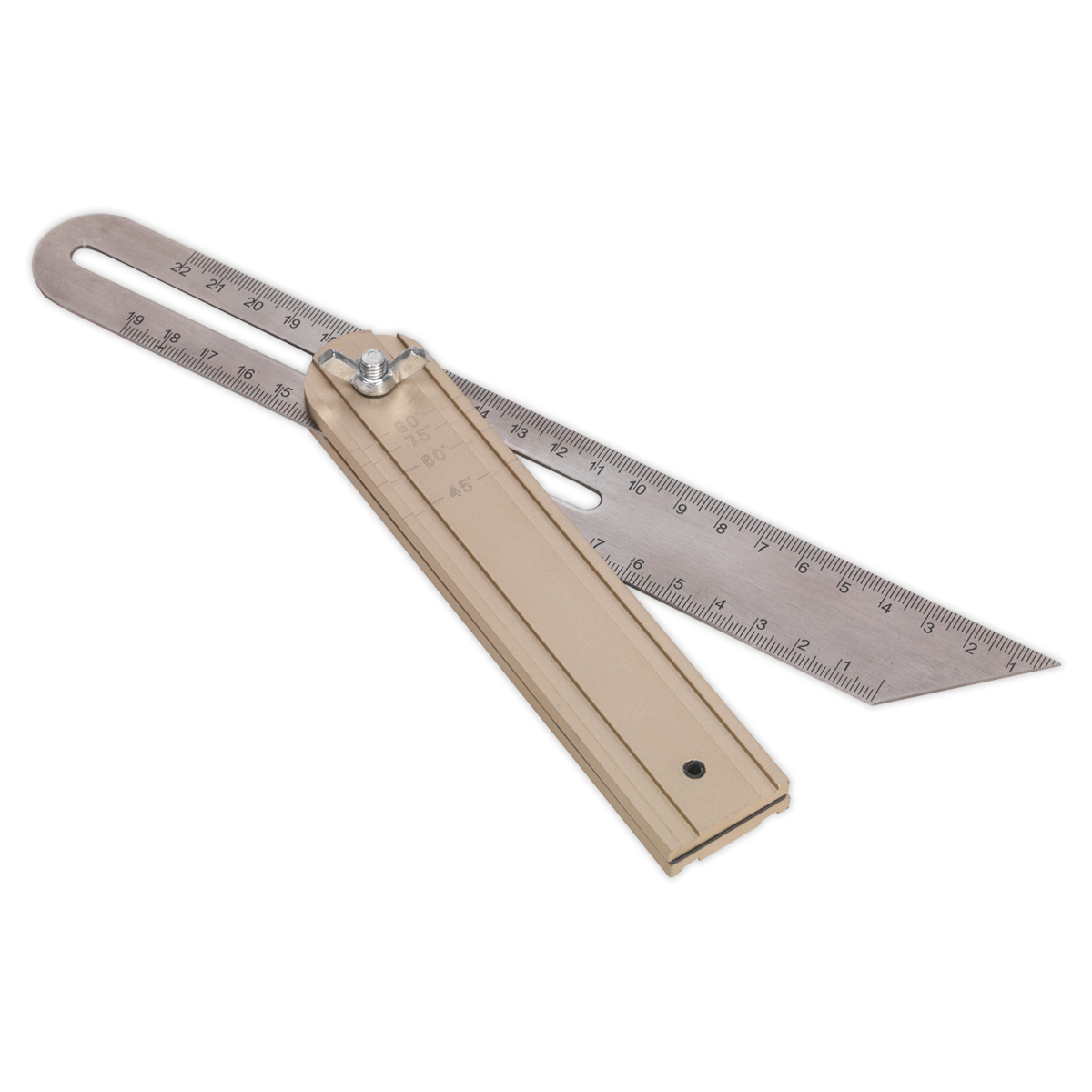 The Sealey Adjustable Angle Square - AK7101 is a versatile tool that combines the functionality of a Sliding T-bevel. It features an aluminium handle with engraved measurements and an angled design, complemented by a stainless steel blade for enhanced durability.