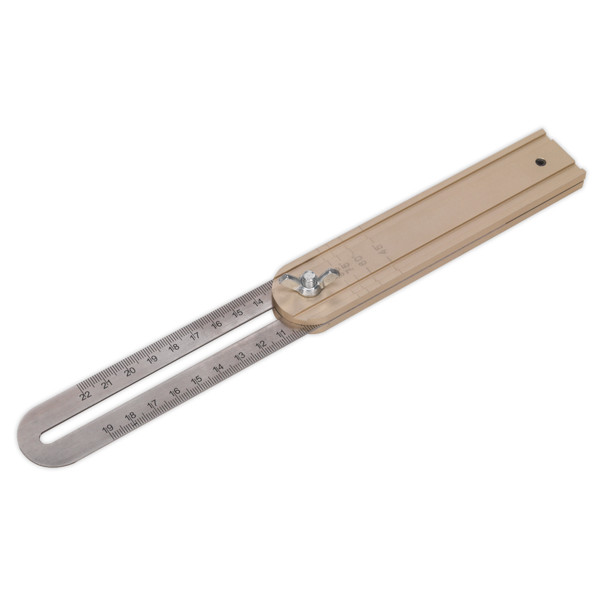 The Sealey Adjustable Angle Square - AK7101 is a metal angle finder featuring a stainless steel blade, ruler markings, and a movable arm secured by a bolt, ideal for measuring angles.