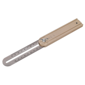 The Sealey Adjustable Angle Square - AK7101 is a metal angle finder featuring a stainless steel blade, ruler markings, and a movable arm secured by a bolt, ideal for measuring angles.