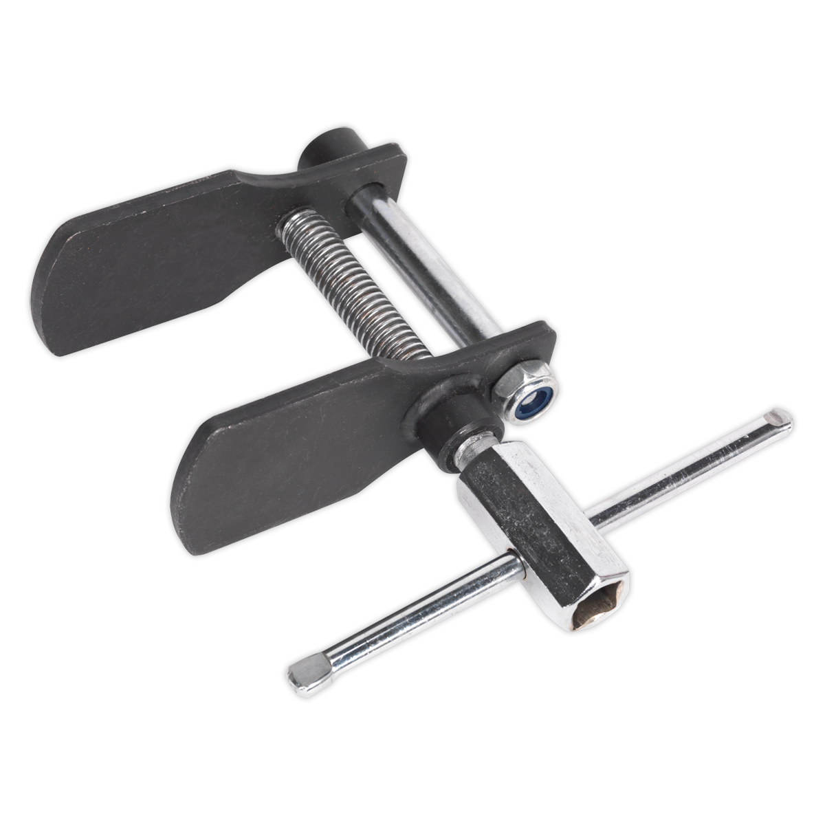 The Disc Brake Piston Spreader Tool - AK711 by Sealey features a threaded bolt and two flat, wide blades specifically designed for compressing caliper pistons during brake maintenance.