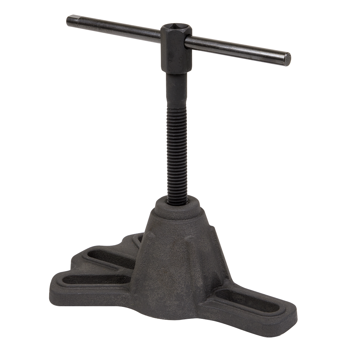 A black Universal Hub Puller 1/2"Sq Drive - AK713 by Sealey, featuring a vertical steel force screw mechanism and a horizontal tommy bar on top, mounted on a three-footed base.