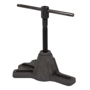 A black Universal Hub Puller 1/2"Sq Drive - AK713 by Sealey, featuring a vertical steel force screw mechanism and a horizontal tommy bar on top, mounted on a three-footed base.