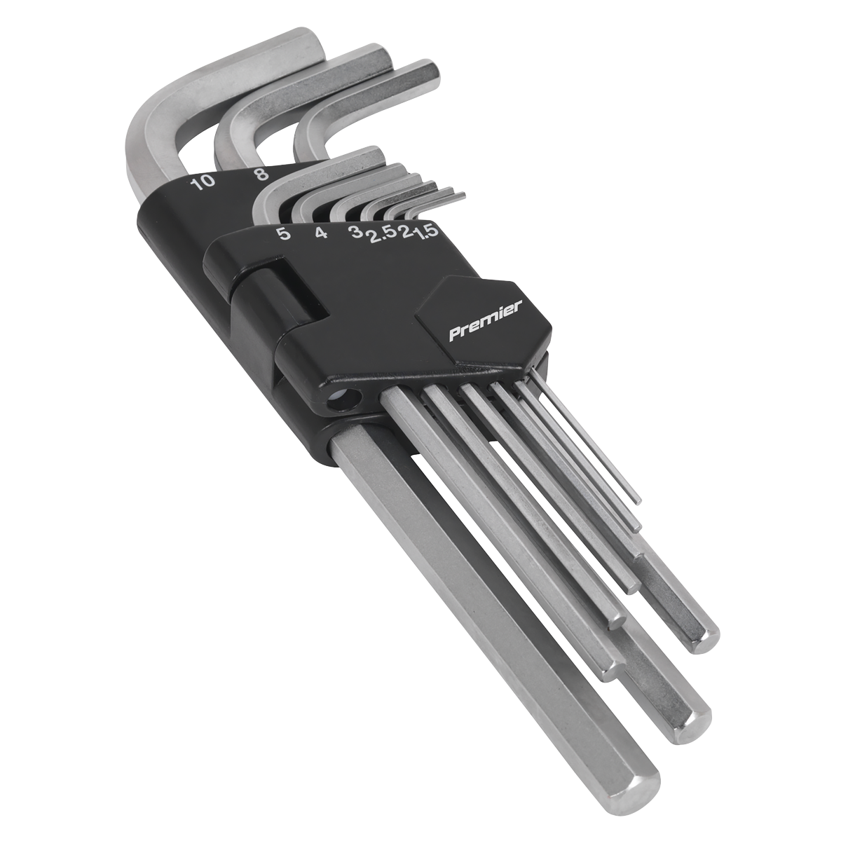 Discover the Hex Key Set 9pc Long Metric - AK7136 by Sealey: a collection of hex keys in various sizes, crafted from durable Chrome Vanadium steel, all neatly organized in a black holding case labeled "Premier Hand Tools". Enjoy peace of mind with an included lifetime guarantee.