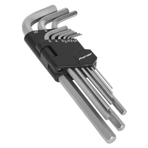 Discover the Hex Key Set 9pc Long Metric - AK7136 by Sealey: a collection of hex keys in various sizes, crafted from durable Chrome Vanadium steel, all neatly organized in a black holding case labeled "Premier Hand Tools". Enjoy peace of mind with an included lifetime guarantee.