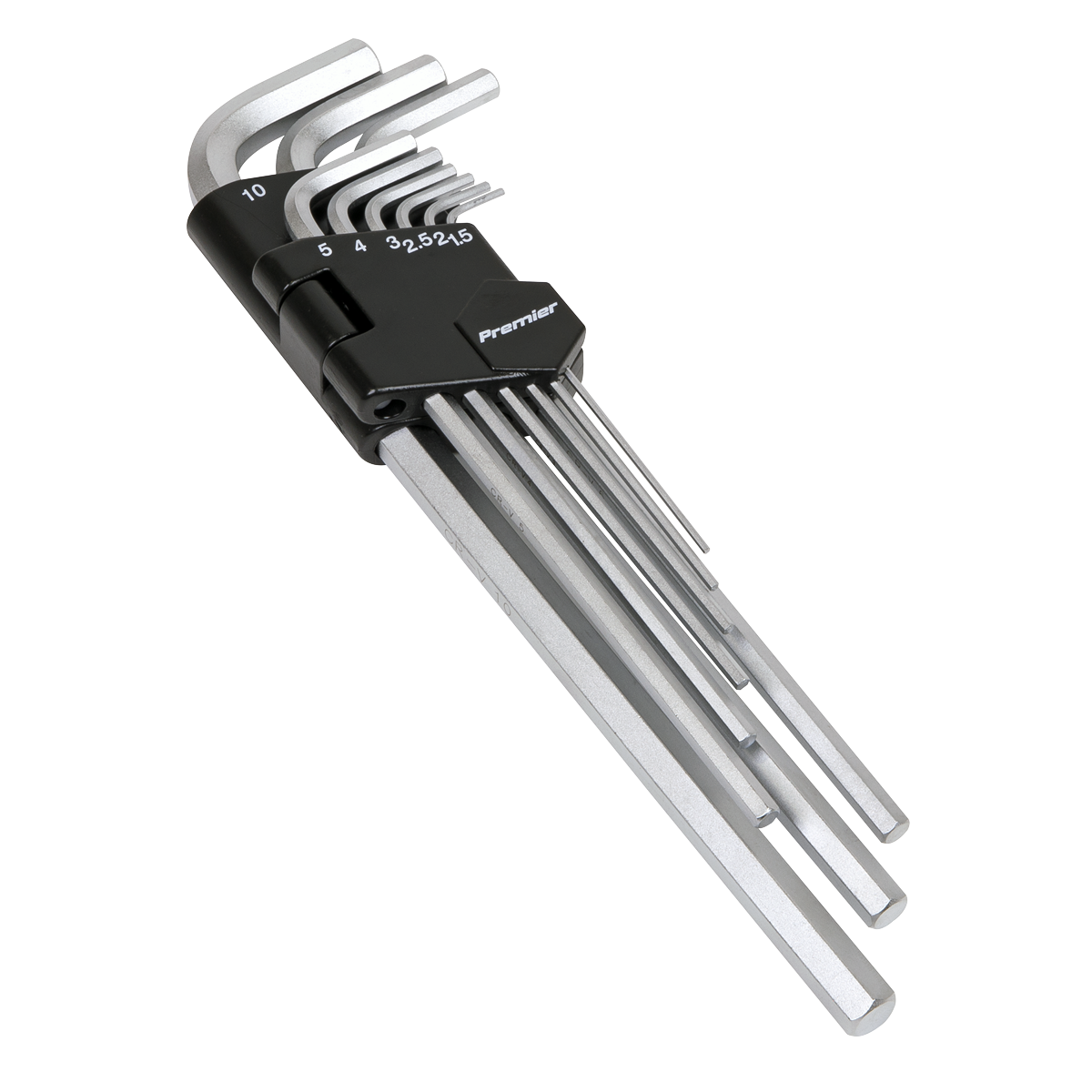 A set of extra-long metric hex keys, made from Chrome Vanadium steel and finished in silver, held together by a black holder labeled "Sealey," perfect for professional use. The product name is Hex Key Set 9pc Extra-Long Metric - AK7137.