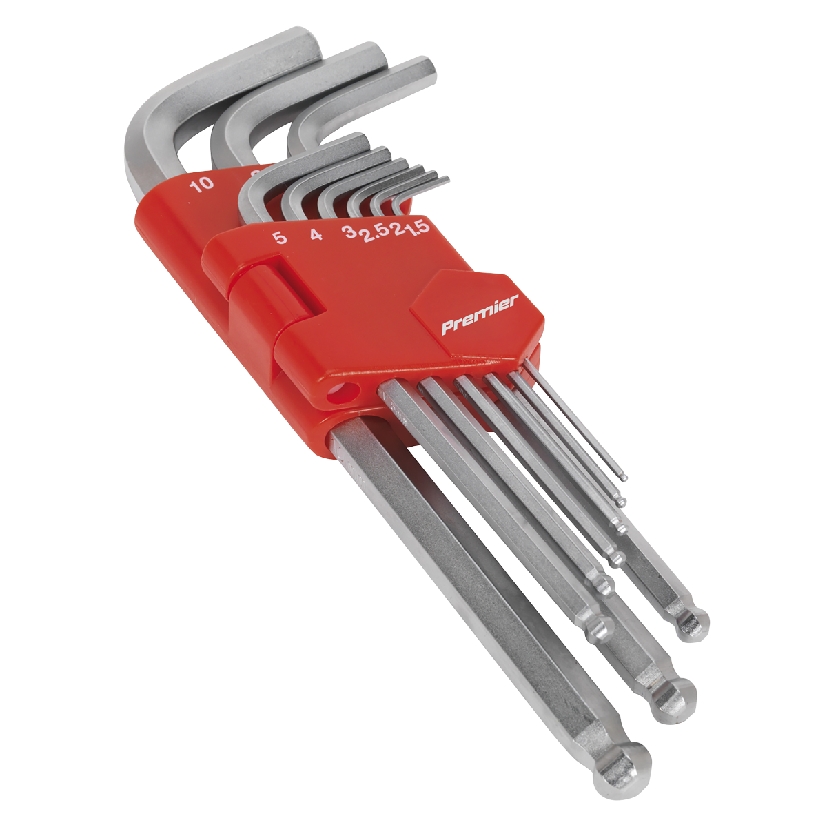 This set of Sealey Ball-End Hex Keys, crafted from durable Chrome Vanadium steel, comes in various long metric sizes and is neatly organized in a red plastic holder labeled "AK7139.