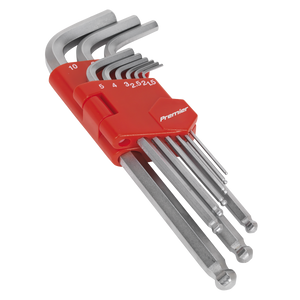 This set of Sealey Ball-End Hex Keys, crafted from durable Chrome Vanadium steel, comes in various long metric sizes and is neatly organized in a red plastic holder labeled "AK7139.