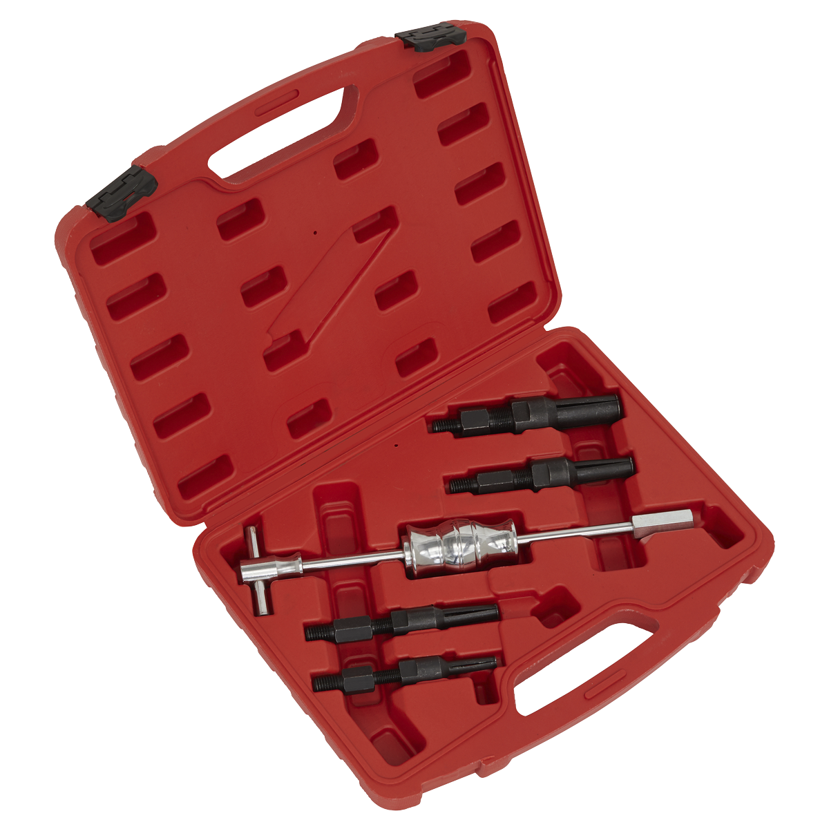 The Sealey Blind Bearing Puller Set 5pc - AK714 includes a set of black metal tools, featuring a chromed carbon steel slide hammer puller, all organized in designated slots within a red plastic carrying case.