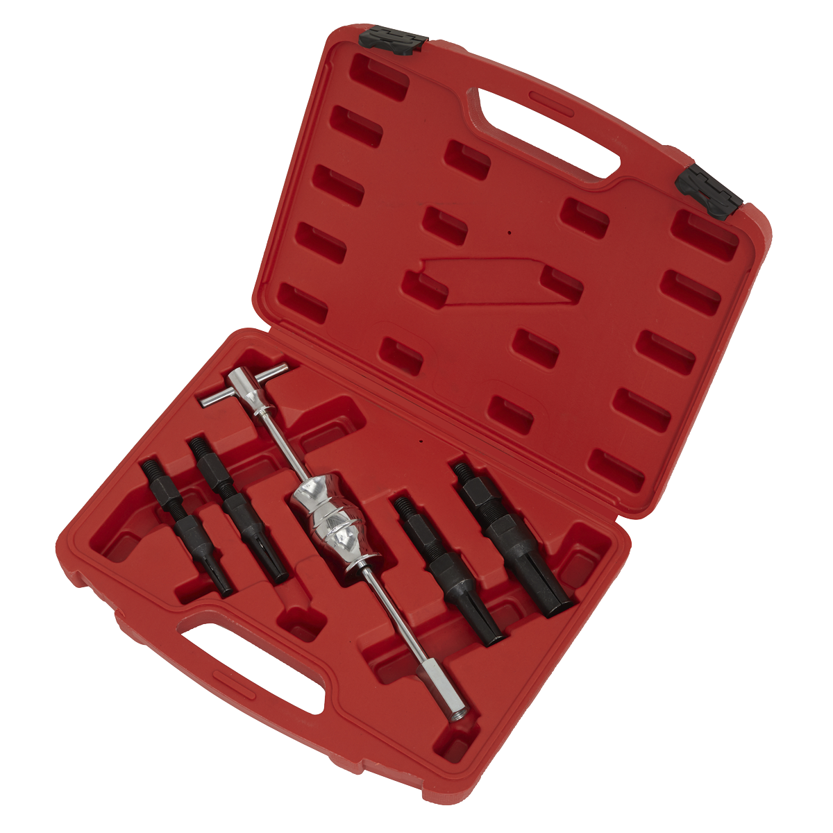 The Sealey Blind Bearing Puller Set 5pc - AK714 is a red plastic carrying case containing a set of tools, including a T-handle and various attachments, all crafted from chromed carbon steel and arranged in individual slots.