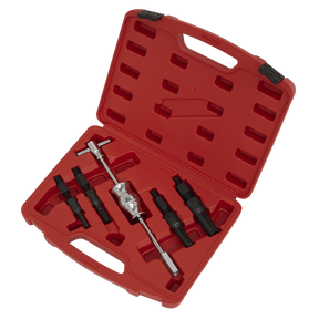 The Sealey Blind Bearing Puller Set 5pc - AK714 is a red plastic carrying case containing a set of tools, including a T-handle and various attachments, all crafted from chromed carbon steel and arranged in individual slots.