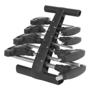 The Sealey Hex Key Set 8pc T-Handle Metric - AK7143 features black-handled hex key wrenches in various sizes, crafted from durable Chrome Vanadium steel and neatly organized on a T-shaped plastic stand, making it perfect for professional use.
