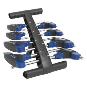 A set of Sealey TRX-Star* Key Set 8pc T-Handle wrenches, model AK7145, featuring blue and black grips and made from durable Chrome Vanadium steel, organized on a black plastic stand for professional use.