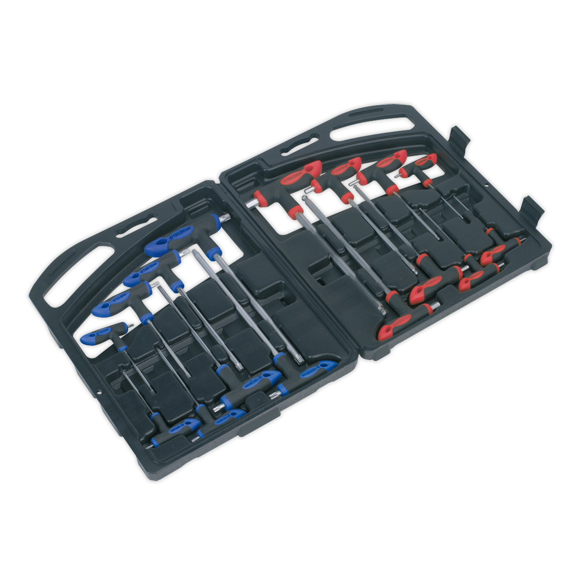 A black carrying case containing the Sealey T-Handle TRX-Star* & Hex Key Set 16pc - AK7147, with an array of Premier Hand Tools featuring both red and blue comfort grip handles, all neatly organized in designated slots.