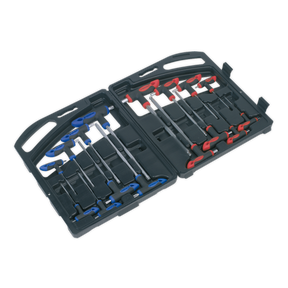 A black carrying case containing the Sealey T-Handle TRX-Star* & Hex Key Set 16pc - AK7147, with an array of Premier Hand Tools featuring both red and blue comfort grip handles, all neatly organized in designated slots.