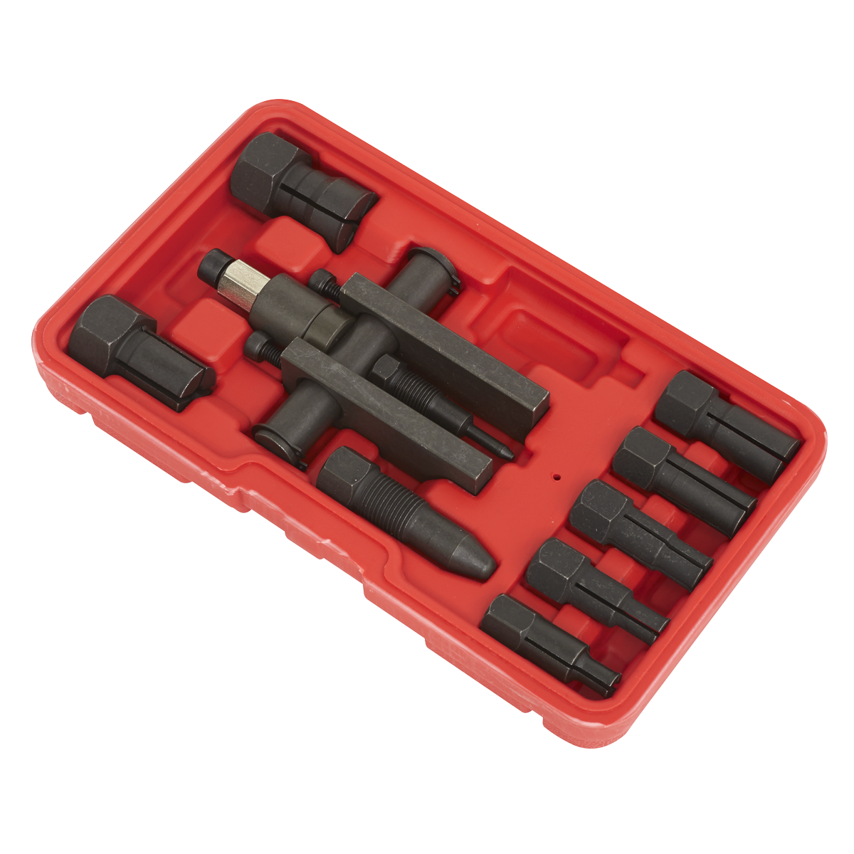 A Sealey Bridge Bearing Puller Set 10pc - AK7160 in a red plastic case, featuring a black universal bearing puller and an array of attachments like screw-type bridge extractors, all organized neatly within designated compartments.