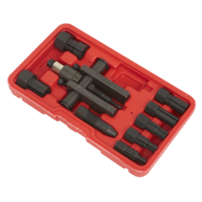 A Sealey Bridge Bearing Puller Set 10pc - AK7160 in a red plastic case, featuring a black universal bearing puller and an array of attachments like screw-type bridge extractors, all organized neatly within designated compartments.