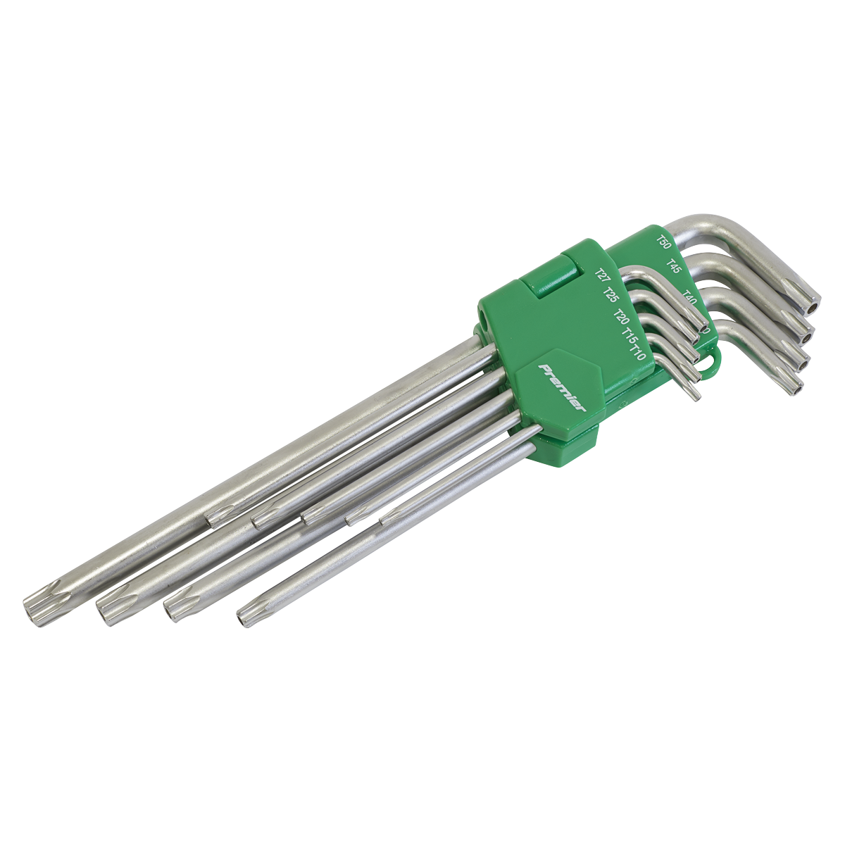 The Sealey Security TRX-Star* Key Set 9pc Extra-Long - AK7163 features a set of nine silver hex keys in varying sizes, crafted from durable Chrome Vanadium steel and organized in a green holder for easy storage and use. This premier hand tool collection comes with a lifetime guarantee for peace of mind.