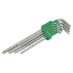 The Sealey Security TRX-Star* Key Set 9pc Extra-Long - AK7163 features a set of nine silver hex keys in varying sizes, crafted from durable Chrome Vanadium steel and organized in a green holder for easy storage and use. This premier hand tool collection comes with a lifetime guarantee for peace of mind.