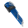 The TRX-Star* Key Set 13pc Anti-Slip Extra-Long - AK7165 by Sealey features blue L-shaped hex keys of varying sizes, crafted from Chrome Vanadium steel. They are housed in a black holder with "Premier Hand Tools" proudly written on it and boast a durable anti-slip coating for enhanced grip.