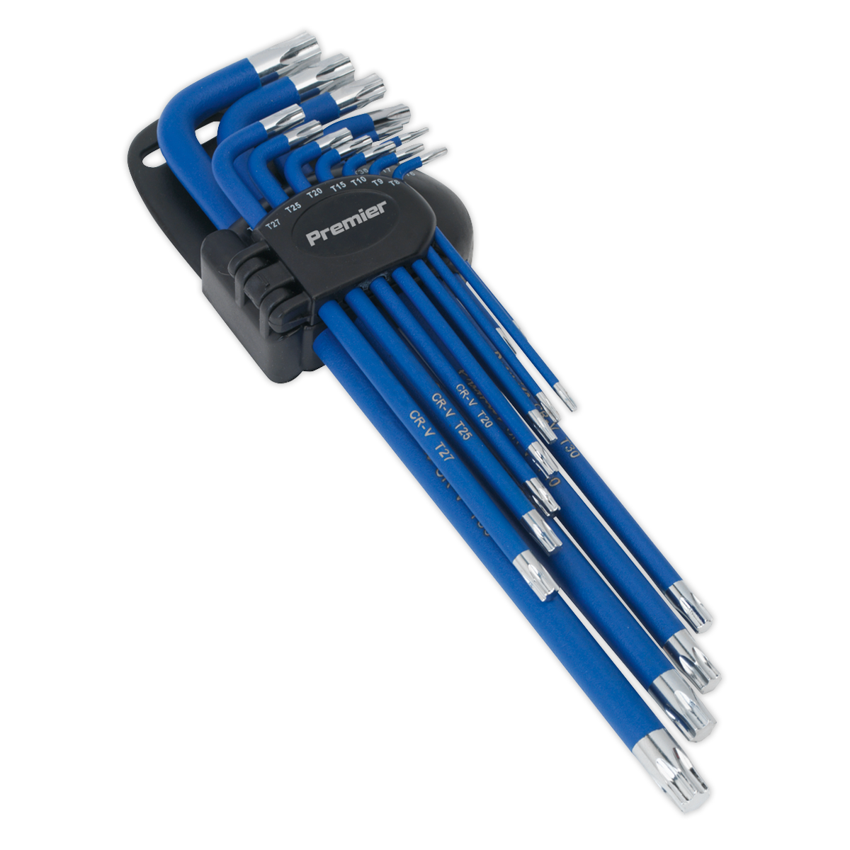 The TRX-Star* Key Set 13pc Anti-Slip Extra-Long - AK7165 by Sealey features blue L-shaped hex keys of varying sizes, crafted from Chrome Vanadium steel. They are housed in a black holder with "Premier Hand Tools" proudly written on it and boast a durable anti-slip coating for enhanced grip.