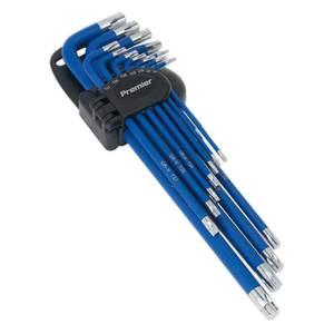 The TRX-Star* Key Set 13pc Anti-Slip Extra-Long - AK7165 by Sealey features blue L-shaped hex keys of varying sizes, crafted from Chrome Vanadium steel. They are housed in a black holder with "Premier Hand Tools" proudly written on it and boast a durable anti-slip coating for enhanced grip.