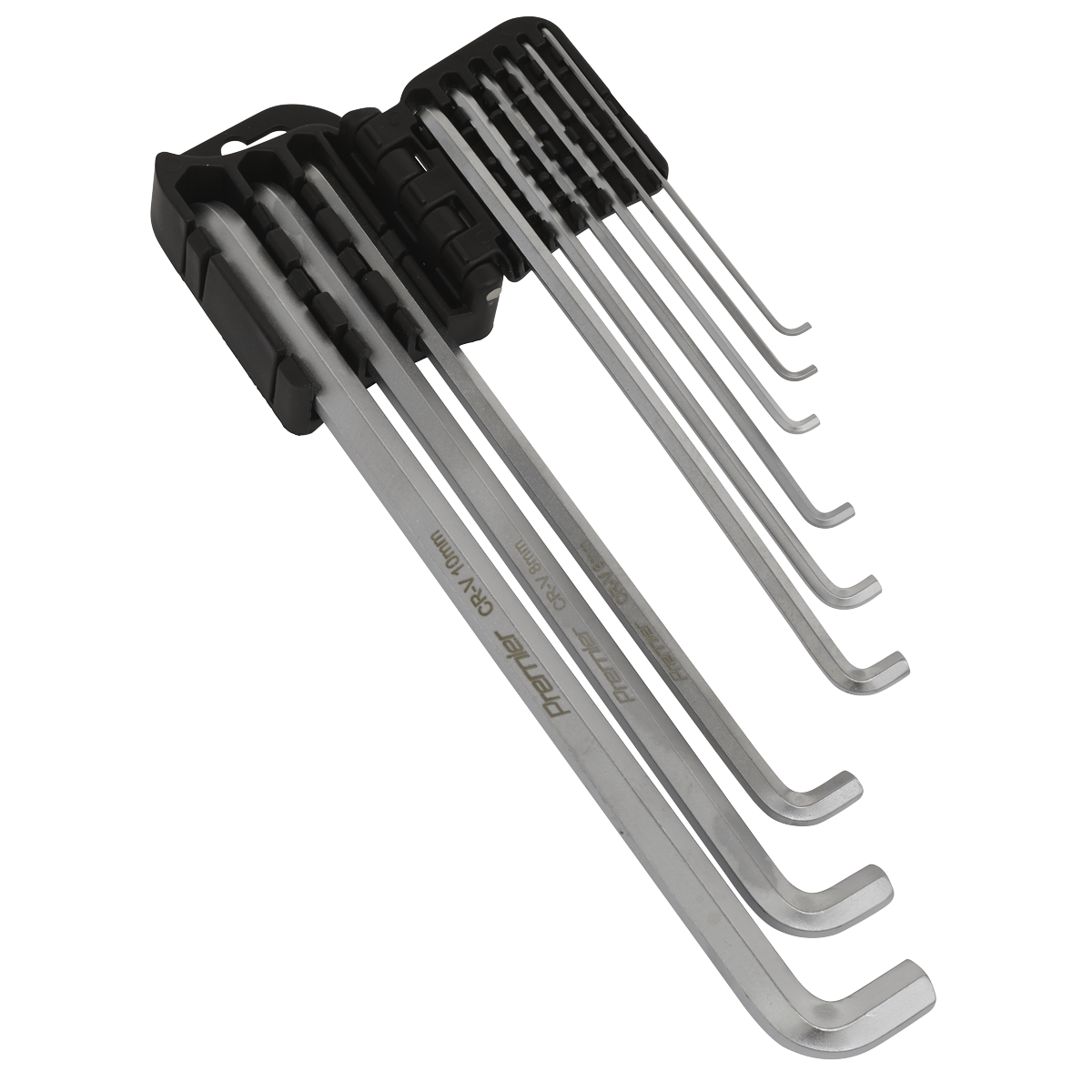 A set of nine extra-long stubby hex keys, made from durable Chrome Vanadium steel, arranged in a black holder by Sealey under the product name "Hex Key Set 9pc Extra-Long Stubby Element Metric - AK7174".